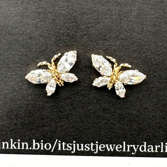 Womens Earrings 10K Yellow Gold Cubic Zirconia Butterfly Studs Pierced - Picture 1 of 4